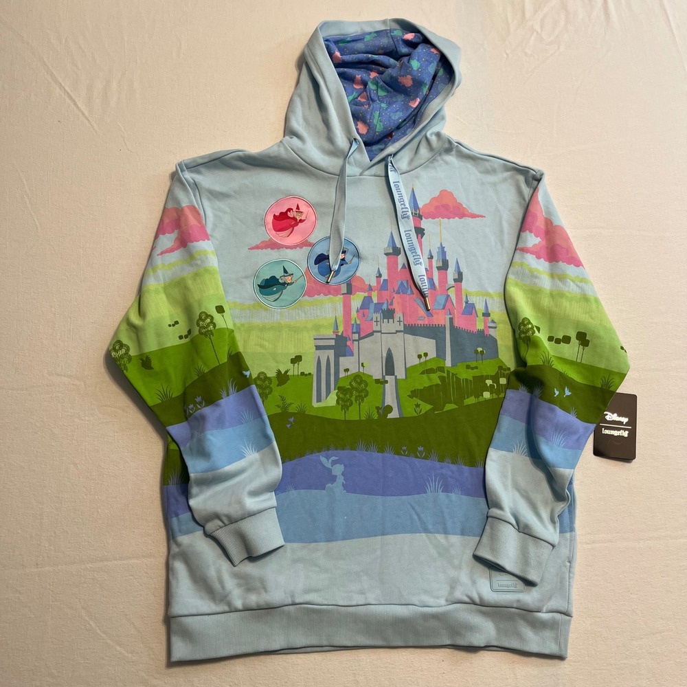 Loungefly Disney Sleeping Beauty Castle Unisex Hoodie L Blue NWT Whimsical Fairy